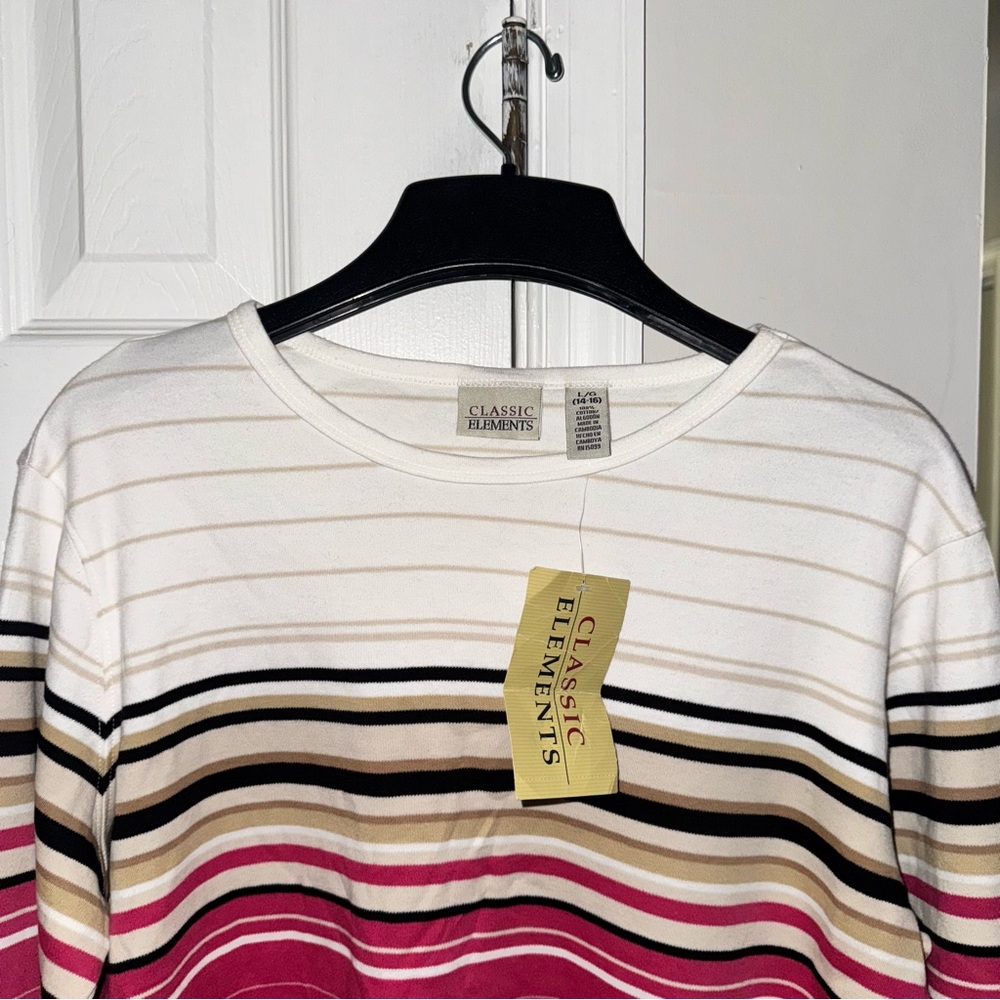 Classic Elements Women's L (14-16) Striped Knit Top 3/4 Sleeve Pink White Beige - Picture 3 of 14